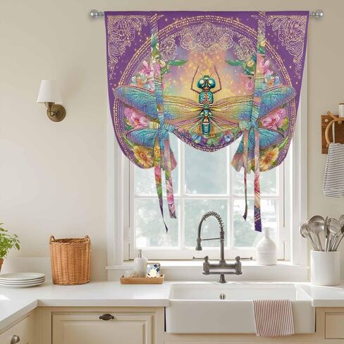 Purple Dragonfly Tie Up Curtains for Window, Colorful Flowers Watercolor Chic Floral Plant Thermal Insulated Balloon Shade Rod Pocket Curtains Valance Panels for Kitchen Bathroom Café 34'' x 45'' in Saudi Arabia