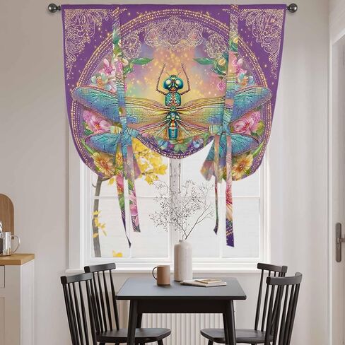 Purple Dragonfly Tie Up Curtains for Window, Colorful Flowers Watercolor Chic Floral Plant Thermal Insulated Balloon Shade Rod Pocket Curtains Valance Panels for Kitchen Bathroom Café 34'' x 45'' in Saudi Arabia