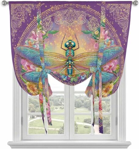 Purple Dragonfly Tie Up Curtains for Window, Colorful Flowers Watercolor Chic Floral Plant Thermal Insulated Balloon Shade Rod Pocket Curtains Valance Panels for Kitchen Bathroom Café 34'' x 45'' in Saudi Arabia