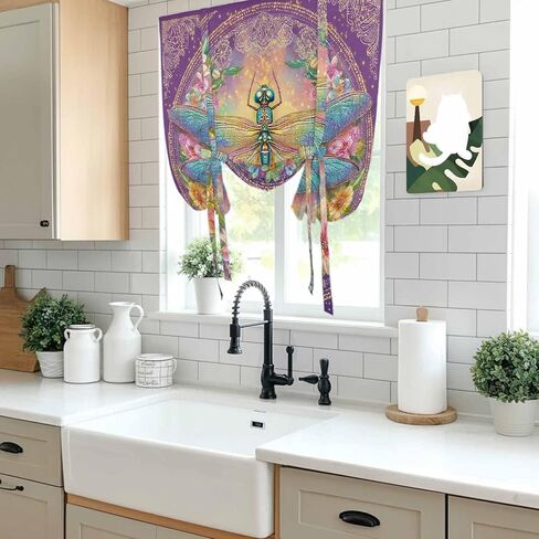 Purple Dragonfly Tie Up Curtains for Window, Colorful Flowers Watercolor Chic Floral Plant Thermal Insulated Balloon Shade Rod Pocket Curtains Valance Panels for Kitchen Bathroom Café 34'' x 45'' in Saudi Arabia