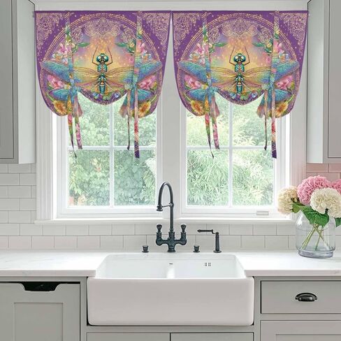 Purple Dragonfly Tie Up Curtains for Window, Colorful Flowers Watercolor Chic Floral Plant Thermal Insulated Balloon Shade Rod Pocket Curtains Valance Panels for Kitchen Bathroom Café 34'' x 45'' in Saudi Arabia