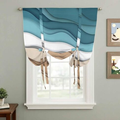Teal Brown Ombre Tie Up Curtains for Window, Modern Abstract Moire Aesthetics Thermal Insulated Balloon Shade Adjustable Rod Pocket Curtains Valance Panels for Kitchen Bathroom Café 34'' x 45'' in Saudi Arabia