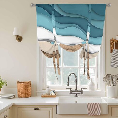 Teal Brown Ombre Tie Up Curtains for Window, Modern Abstract Moire Aesthetics Thermal Insulated Balloon Shade Adjustable Rod Pocket Curtains Valance Panels for Kitchen Bathroom Café 34'' x 45'' in Saudi Arabia