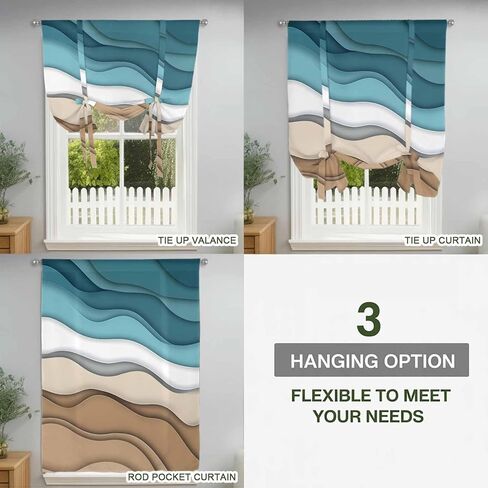 Teal Brown Ombre Tie Up Curtains for Window, Modern Abstract Moire Aesthetics Thermal Insulated Balloon Shade Adjustable Rod Pocket Curtains Valance Panels for Kitchen Bathroom Café 34'' x 45'' in Saudi Arabia