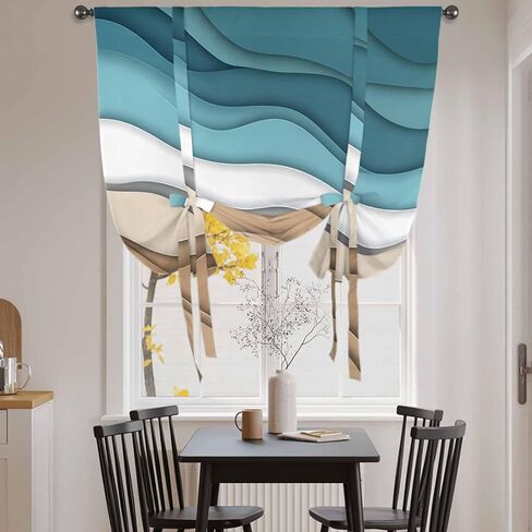 Teal Brown Ombre Tie Up Curtains for Window, Modern Abstract Moire Aesthetics Thermal Insulated Balloon Shade Adjustable Rod Pocket Curtains Valance Panels for Kitchen Bathroom Café 34'' x 45'' in Saudi Arabia