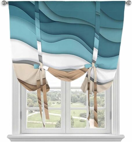 Teal Brown Ombre Tie Up Curtains for Window, Modern Abstract Moire Aesthetics Thermal Insulated Balloon Shade Adjustable Rod Pocket Curtains Valance Panels for Kitchen Bathroom Café 34'' x 45'' in Saudi Arabia
