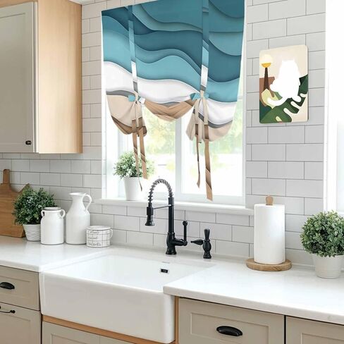 Teal Brown Ombre Tie Up Curtains for Window, Modern Abstract Moire Aesthetics Thermal Insulated Balloon Shade Adjustable Rod Pocket Curtains Valance Panels for Kitchen Bathroom Café 34'' x 45'' in Saudi Arabia