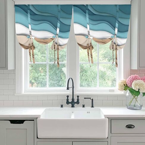 Teal Brown Ombre Tie Up Curtains for Window, Modern Abstract Moire Aesthetics Thermal Insulated Balloon Shade Adjustable Rod Pocket Curtains Valance Panels for Kitchen Bathroom Café 34'' x 45'' in Saudi Arabia
