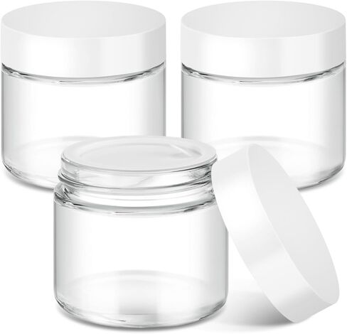2 oz Glass Jars with Lids, Bumobum 3 pack Clear Small Jar with White Lids, Blank Labels & Inner Liners, 60 ml Empty Round Cosmetic Containers for Sample, Powder, Cream, Lotion, Spice in Kuwait