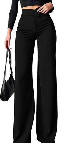 Ulovmi سروال نسائي عالي الخصر وواسع الساق، بنطلون كاجوال للعمل المكتبي، بنطلون بالازو، أسود، مقاس X-Large in Kuwait