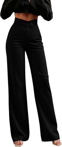 Ulovmi سروال نسائي عالي الخصر وواسع الساق، بنطلون كاجوال للعمل المكتبي، بنطلون بالازو، أسود، مقاس X-Large in Kuwait