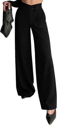 Ulovmi سروال نسائي عالي الخصر وواسع الساق، بنطلون كاجوال للعمل المكتبي، بنطلون بالازو، أسود، مقاس X-Large in Kuwait