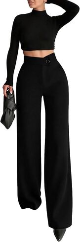 Ulovmi سروال نسائي عالي الخصر وواسع الساق، بنطلون كاجوال للعمل المكتبي، بنطلون بالازو، أسود، مقاس X-Large in Kuwait