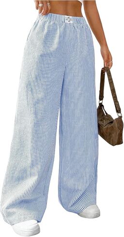 سروال نسائي مخطط من GORGLITTER بخصر مطاطي لطيف بنطال واسع الساق Y2K كاجوال خفيف الوزن in Kuwait