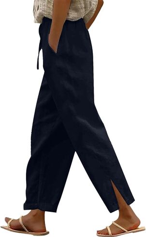 Linen Pants for Women 2026 Summer Casual Elastic High Waist Split Hem Wide Leg Pant with Pockets Travel Beach Outfit in Saudi Arabia