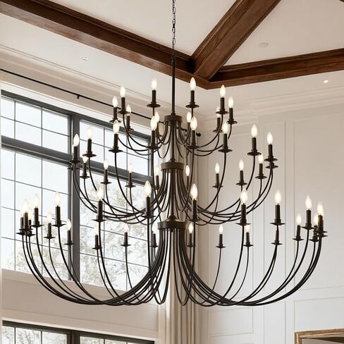 ثريا على شكل شمعة ريفية عتيقة من BAOURE، ثريات كبيرة من طبقتين للأسقف العالية، 24 ثريا مزرعة سوداء فاتحة، تركيبات إضاءة سقف غرفة المعيشة في المدخل (24 ضوء-46.46 بوصة) in Kuwait