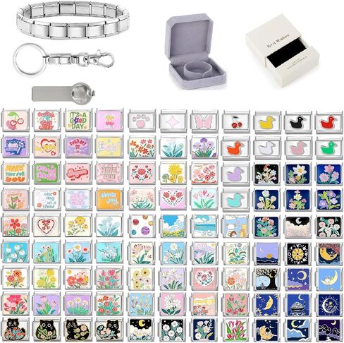 papasgix Custom Italian Charm Bracelet Charms Silver Set 10 Personalized Stainless Steel Charm Brascelets 9mm Assorted Italian Charms Bracelet Links Handmade DIY Jewelry Flowers Words Moon Pink in Kuwait