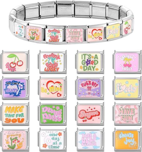 papasgix Custom Italian Charm Bracelet Charms Silver Set 10 Personalized Stainless Steel Charm Brascelets 9mm Assorted Italian Charms Bracelet Links Handmade DIY Jewelry Flowers Words Moon Pink in Kuwait