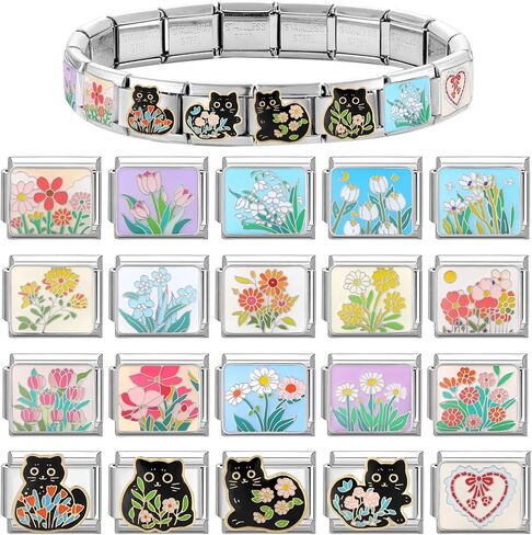 papasgix Custom Italian Charm Bracelet Charms Silver Set 10 Personalized Stainless Steel Charm Brascelets 9mm Assorted Italian Charms Bracelet Links Handmade DIY Jewelry Flowers Words Moon Pink in Kuwait