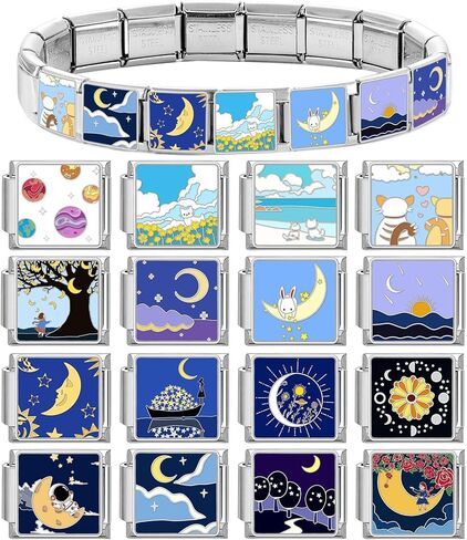 papasgix Custom Italian Charm Bracelet Charms Silver Set 10 Personalized Stainless Steel Charm Brascelets 9mm Assorted Italian Charms Bracelet Links Handmade DIY Jewelry Flowers Words Moon Pink in Kuwait