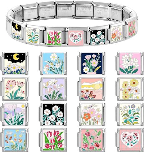 papasgix Custom Italian Charm Bracelet Charms Silver Set 10 Personalized Stainless Steel Charm Brascelets 9mm Assorted Italian Charms Bracelet Links Handmade DIY Jewelry Flowers Words Moon Pink in Kuwait