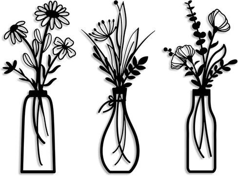 3 Pieces Metal Flower Wall Art, Minimalist Farmhouse Home Decor for Bathroom, Bedroom, Living Room - Boho Style Housewarming Gifts (Black, A-Set)​ in Kuwait