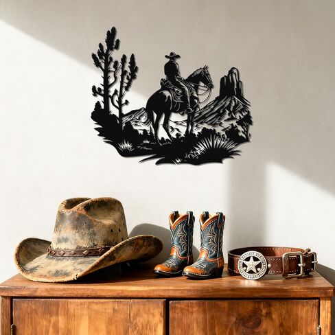 Slickss Cowboy Wall Art, Western Metal Wall Decor with Riding Horseman Scene, Rustic Cowboy Home Decor, 13x11 Inch in Kuwait