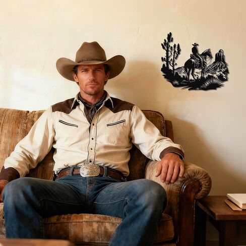 Slickss Cowboy Wall Art, Western Metal Wall Decor with Riding Horseman Scene, Rustic Cowboy Home Decor, 13x11 Inch in Kuwait