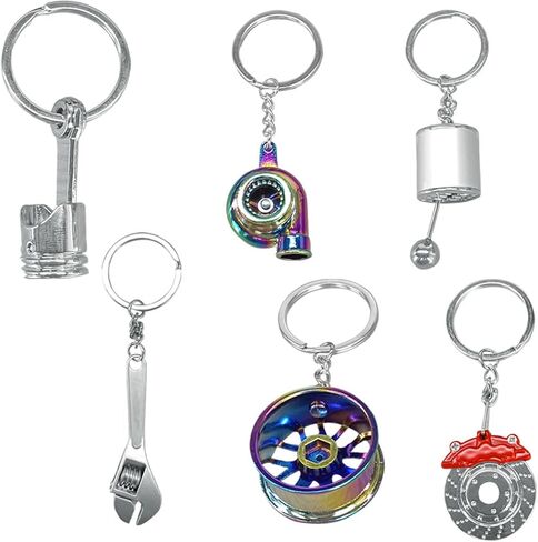 6PCS Car Parts Metal Keychain Set, Rim, Brake Disc, Engine Piston, Wrench, Manual Gear Shifter, Turbo Keyring for Car Lovers in Kuwait