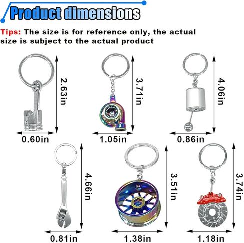 6PCS Car Parts Metal Keychain Set, Rim, Brake Disc, Engine Piston, Wrench, Manual Gear Shifter, Turbo Keyring for Car Lovers in Kuwait