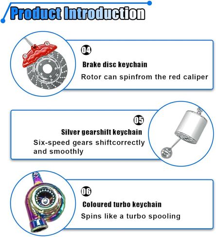 6PCS Car Parts Metal Keychain Set, Rim, Brake Disc, Engine Piston, Wrench, Manual Gear Shifter, Turbo Keyring for Car Lovers in Kuwait