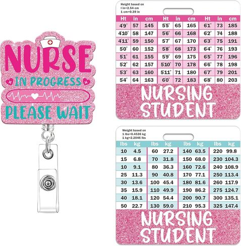 Nursing Student Badge Reel with Retractable Clip, Cute Student Nurse Badge with w/Height & Weight Conversion Charts, Glitter Nurse ID Badges Holder for Nursing School Students Essentials Gift in Kuwait