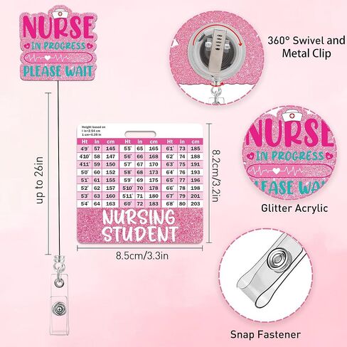 Nursing Student Badge Reel with Retractable Clip, Cute Student Nurse Badge with w/Height & Weight Conversion Charts, Glitter Nurse ID Badges Holder for Nursing School Students Essentials Gift in Kuwait
