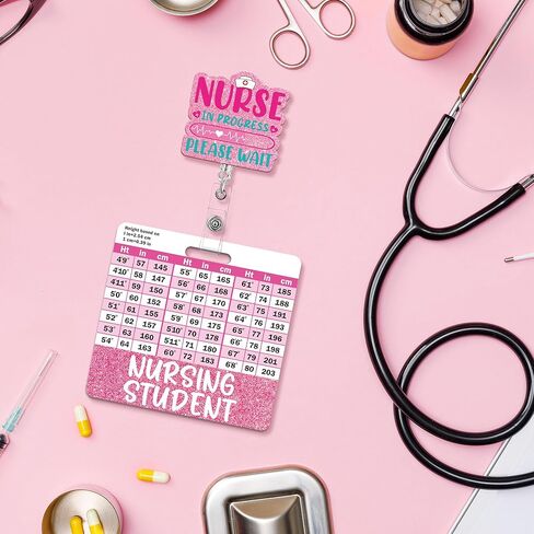 Nursing Student Badge Reel with Retractable Clip, Cute Student Nurse Badge with w/Height & Weight Conversion Charts, Glitter Nurse ID Badges Holder for Nursing School Students Essentials Gift in Kuwait