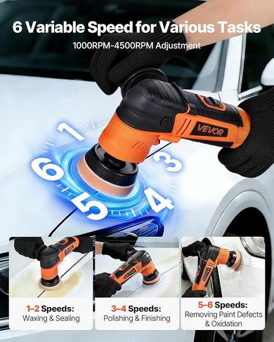 VEVOR Car Buffer Polisher, 1.2"/2"/3" Rotary Polisher Buffer, 600W 6 Variable Speeds 1000-4500RPM Car Polisher Waxer Kit for Cars Detailing, Waxing, Polishing, Scratch Removal in Saudi Arabia