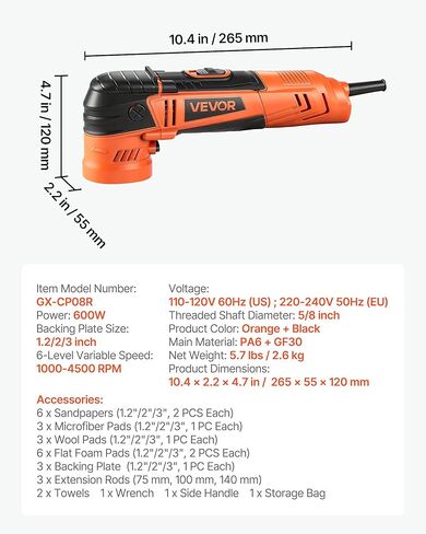 VEVOR Car Buffer Polisher, 1.2"/2"/3" Rotary Polisher Buffer, 600W 6 Variable Speeds 1000-4500RPM Car Polisher Waxer Kit for Cars Detailing, Waxing, Polishing, Scratch Removal in Saudi Arabia