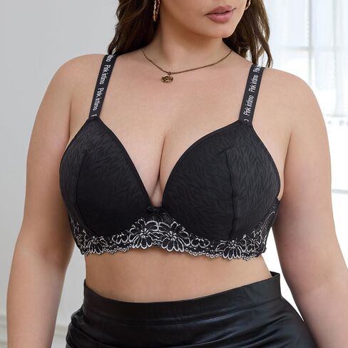 Plus Size Lace Underwire Push Up Bra for Women, Adjustable Support Bra with Floral Embroidery, Full Coverage Lingerie in Saudi Arabia
