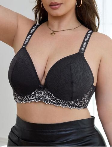 Plus Size Lace Underwire Push Up Bra for Women, Adjustable Support Bra with Floral Embroidery, Full Coverage Lingerie in Saudi Arabia