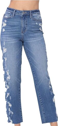 Judy Blue Women's High Rise Heavy Destroy Side Seam Cropped Straight Leg Jeans in Saudi Arabia