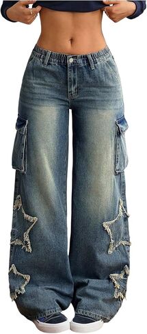 WDIRARA Women's Baggy Jeans Star Raw Hem Wide Leg Cargo Denim Pants Streetwear in Saudi Arabia