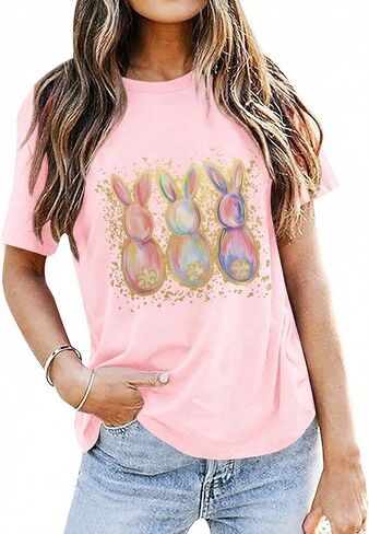 Women Happy Easter T Shirt Tie-Dyed Rabbit Graphic Shirts Funny Bunny Graphic Letter Printed Easter Tee Shirts in Kuwait
