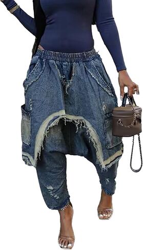 Women's Denim Harem Pants Patchwork Ripped Jeans Elastic Waist Loose Stretchy Trendy Barrel Jeans with Pockets in Kuwait