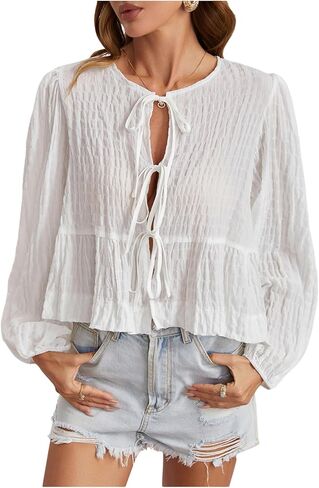 SHENHE Women's Bow Tie Front Lantern Sleeve Ruffle Peplum Blouse Going Out Babydoll Top Shirt in Saudi Arabia