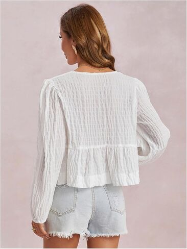 SHENHE Women's Bow Tie Front Lantern Sleeve Ruffle Peplum Blouse Going Out Babydoll Top Shirt in Saudi Arabia
