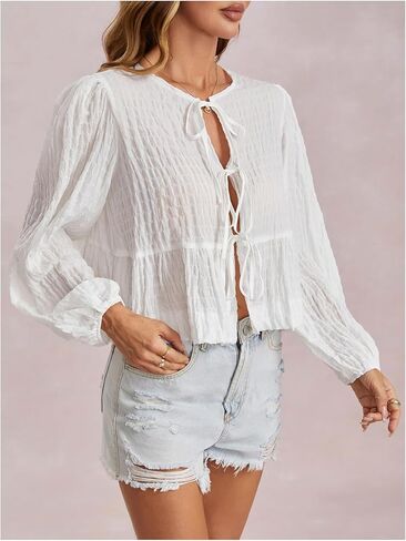 SHENHE Women's Bow Tie Front Lantern Sleeve Ruffle Peplum Blouse Going Out Babydoll Top Shirt in Saudi Arabia