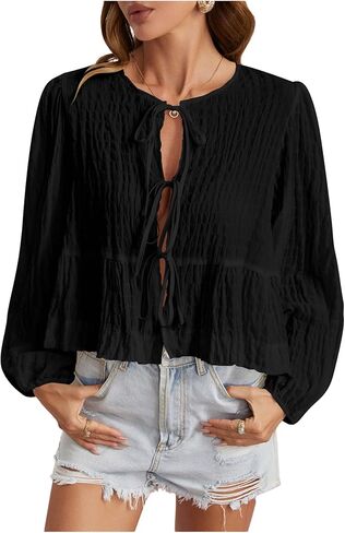 SHENHE Women's Bow Tie Front Lantern Sleeve Ruffle Peplum Blouse Going Out Babydoll Top Shirt in Saudi Arabia