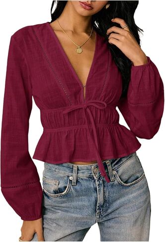 SweatyRocks Women's Bow Tie Front Deep V Neck Peplum Blouse Long Sleeve Babydoll Ruffle Shirts in Saudi Arabia