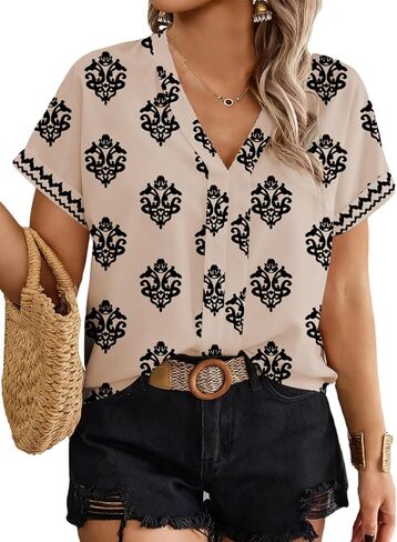 Eytino Women Plus Size Dressy Tops Summer V Neck Short Sleeve Loose Casual Boho Floral Print Shirts Blouses,5X Khaki in Saudi Arabia
