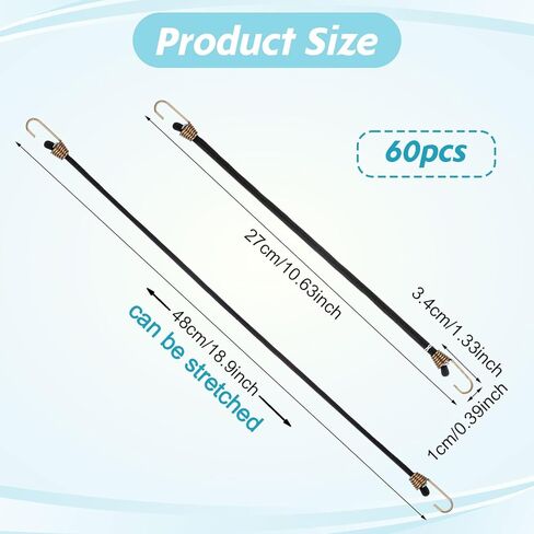 60 Pcs Heavy Duty Mini Bungee Cords with Hooks, 10 Inch Black Rubber Elastic Straps for Camping Luggage Bikes Tents Tarps RVs Cargo Motorcycle in Kuwait