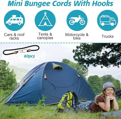 60 Pcs Heavy Duty Mini Bungee Cords with Hooks, 10 Inch Black Rubber Elastic Straps for Camping Luggage Bikes Tents Tarps RVs Cargo Motorcycle in Kuwait